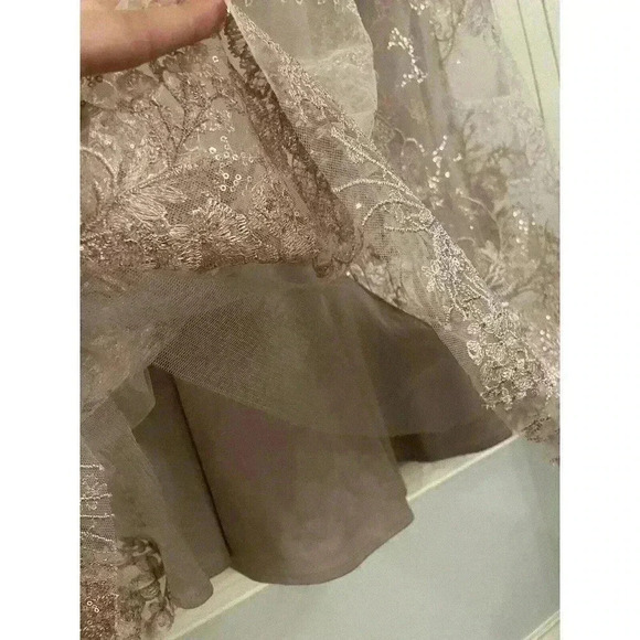 Mac Duggal Midi Dress 10 Beaded Crew Neck Illusion Long Sleeve Pink Rose $598 - Picture 10 of 16